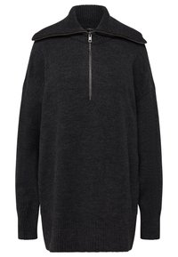 Pull à manches longues gris foncé avec un col montant large côtelé et une courte fermeture éclair centrale. Poignets et ourlet côtelés.