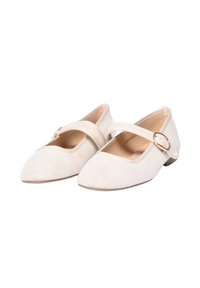 Scarpe Mary Jane in suede beige con punta arrotondata, cinturino incrociato e dettaglio con fibbia circolare; suola piatta e design semplice.