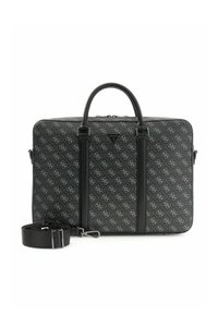 Schwarze Laptoptasche mit Muster und Lederakzenten, ausgestattet mit zwei Griffen, abnehmbarem Schultergurt und einer Logo-Plakette auf der Vorderseite.