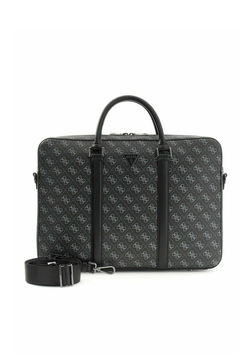 Schwarze Laptoptasche mit Muster und Lederakzenten, ausgestattet mit zwei Griffen, abnehmbarem Schultergurt und einer Logo-Plakette auf der Vorderseite.