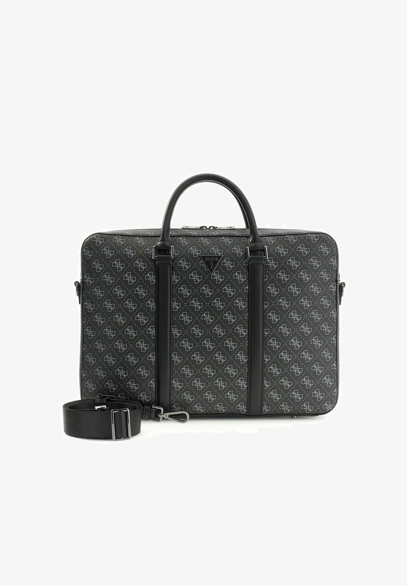 Schwarze Laptoptasche mit Muster und Lederakzenten, ausgestattet mit zwei Griffen, abnehmbarem Schultergurt und einer Logo-Plakette auf der Vorderseite.