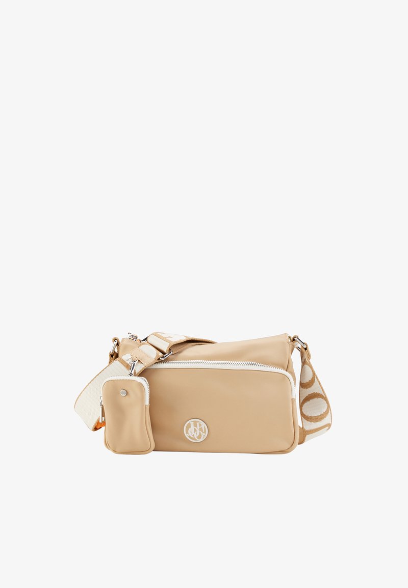 Borsa a tracolla beige realizzata in materiale sintetico, con chiusura a zip, tracolla regolabile e pochette portamonete staccabile. Logo visibile centralmente.