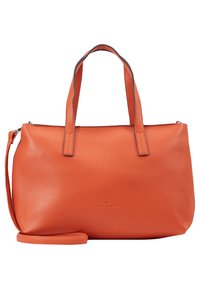 Pomarańczowa skórzana torebka o ustrukturyzowanym kształcie, z dwoma uchwytami i regulowanym paskiem na ramię. Na froncie znajduje się logo marki torebki.