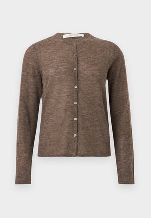 Καφέ ζακέτα με μακριά μανίκια και κουμπιά, με στρογγυλή λαιμόκοψη, κατασκευασμένη από μαλακό, ελαφρύ πλεκτό ύφασμα.