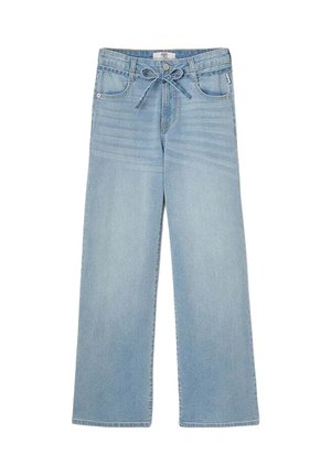 Jean en denim bleu clair à taille élastique, large aux jambes, avec de légères rayures verticales et quatre poches. Texture douce.