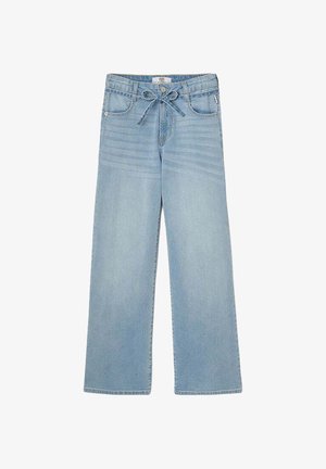 Lichtblauwe denim wijde jeans met een trekkoord in de taille, voorzien van subtiele verticale strepen en vier zakken. Gladde textuur.