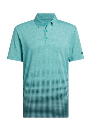 Turkusowa koszulka polo w pastelowym wzorze z gradientem, z trzema guzikami, krótkimi rękawami i subtelną, kropkowaną teksturą.