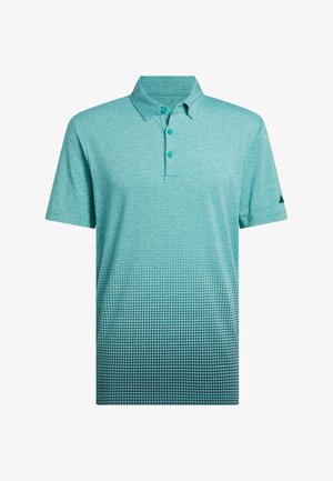 Turquoise polo shirt in a gradient pattern, featuring a three-button placket, short sleeves, and a subtle dotted texture.