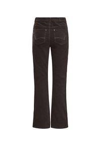 Pantalon en velours côtelé marron foncé avec poches arrière, jambes droites et étiquette de marque à la taille, vu de dos.