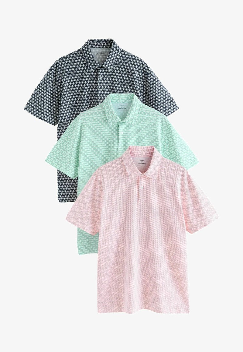 Drei kurzärmelige Poloshirts mit Kragen in Schwarz mit weißem Muster, Mintgrün mit kreisförmigem Design und Rosa mit geometrischem Druck.