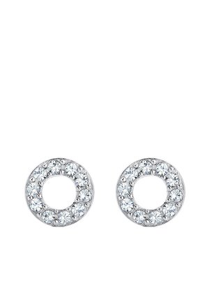 Cirkulære studs øreringe med sølvfarvet metal, der har en kant af glitrende klare krystaller rundt om en central åben cirkel.