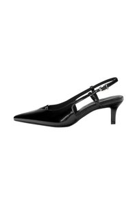 Escarpins à talons aiguilles en cuir verni noir, avec un bout pointu, un talon fin et des détails découpés sur les côtés. Dotés d'une fermeture à boucle sur la bride de cheville.