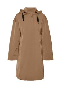 Mackintosh beige con cappuccio, caratterizzato da una vestibilità comoda, tasche laterali e lacci neri per la regolazione. Tessuto liscio e resistente all'acqua.