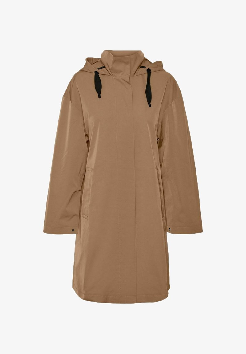 Mackintosh beige con cappuccio, caratterizzato da una vestibilità comoda, tasche laterali e lacci neri per la regolazione. Tessuto liscio e resistente all'acqua.