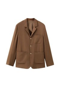 Blazer marrone realizzato in tessuto texturizzato, con colletto a punta, tre bottoni e due grandi tasche frontali con una tasca sul petto di dimensioni ridotte.