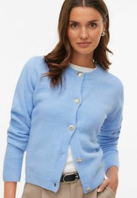 Cardigan bleu clair en matière douce, doté d'un col rond et de boutons argentés en forme de coquillage. Manches longues avec poignets côtelés.