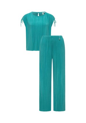 Turquoise geplooide top met korte mouwen, zijknopen en bijpassende wijde geplooide broek met elastische tailleband.