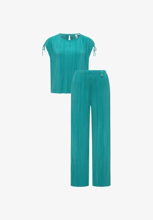 Turquoise geplooide top met korte mouwen, zijknopen en bijpassende wijde geplooide broek met elastische tailleband.