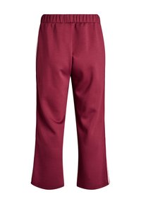 Burgunderfarbene Sporthosen mit elastischem Taillenbund, knöchellang und weißen Seitenstreifen. Glattes Material mit weicher Textur.