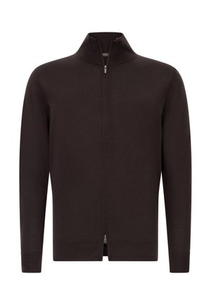 Dunkelbraune Zip-Jacke mit hohem Kragen, langen Ärmeln und einer sauberen, strukturierten Oberfläche. Verfügt über einen durchgehenden Reißverschluss und seitliche Schlitze.