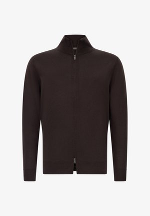 Tmavě hnědá zipová bunda s vysokým límcem, dlouhými rukávy a čistým, jemně strukturovaným povrchem. Obsahuje dlouhý zip a boční rozparky.