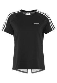 Svart atletisk t-shirt med mesh-sidopaneler, korta ärmar och tre vita ränder längs axlarna. Har en Adidas-logotyp på bröstet.