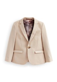 Beige blazer med en enkel knapp, notchade slag och två framfickor; har ett mönstrat foder som syns vid den öppna framfåran.