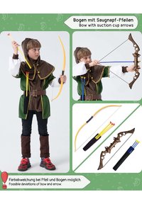 Bow with suction cup arrows; yellow and red arrows, brown wooden bow with decorative accents, green costume with brown hood, black pants.