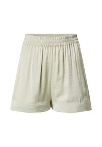 Lichtbeige shorts met een elastische tailleband, met een losse pasvorm en zachte, iets gestructureerde stof. Geen zichtbare zakken of versieringen.