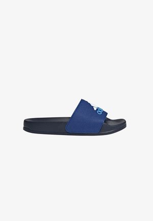 Infradito blu navy con una fascia in tessuto testurizzato e una suola in gomma liscia. Presenta un logo bianco sulla fascia per il branding.