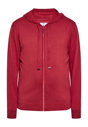 Rode zip-up hoodie met lange mouwen, trekkoorden en geribbelde boorden en zoom, van voren getoond op een witte achtergrond.