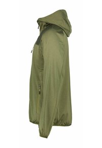 Groene lichtgewicht jas met capuchon, gestructureerde stof, zak met rits aan de voorkant en elastische manchetten. Heeft een contrasterend zwart schouderpaneel.