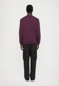 Felpa viola con collo rotondo, maniche lunghe e polsini a costine, abbinata a pantaloni cargo neri con tasche laterali e una vestibilità comoda.