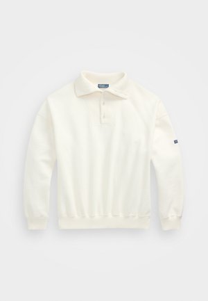 Lys kremfarget sweatshirt med ribbestrikket krage, tre knapper foran og mansjetter. Myk tekstur, avslappet passform, minimal merking.