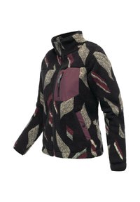 Fleecejacke in Schwarz mit geometrischem Muster in Beige, Bordeaux und Grün. Mit einer durchgängigen Brusttasche mit Reißverschluss und Stehkragen.