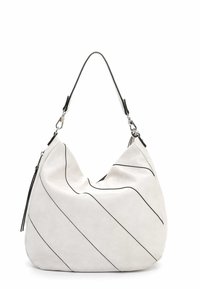 Vit mocka hobo-väska med svart diagonalt stygn, en axelrem och dragkedjedetaljer. Slät textur med en avslappnad form.