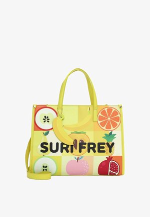 Dzeltena soma ar krāsainiem augļu rakstiem un uzrakstu "SURFREY", ar banāna formas piekariņu un diviem rokturiem.