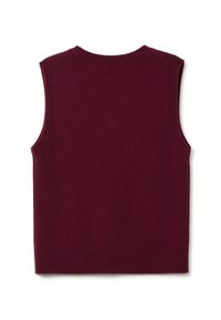 Chaleco de punto sin mangas en un burdeos oscuro sólido, con cuello acanalado, sisas y bajo, presentado de forma plana sobre un fondo blanco.