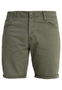 Olivgrüne Herren Freizeithosen mit vorderem Knopf, Reißverschluss, Gürtelschlaufen und umgeschlagenen Säumen.