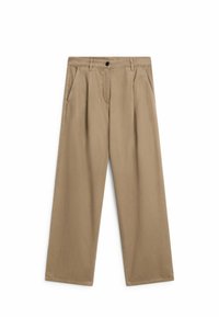 Spodnie w kolorze khaki wykonane z bawełny, charakteryzujące się luźnym krojem, plisowanym przodem, dwiema bocznymi kieszeniami oraz zapięciem na guzik w talii.
