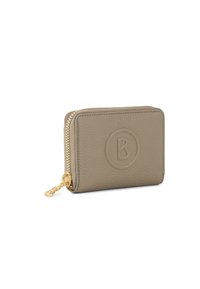 Taupe-ledergeldbörse mit geprägtem 'B'-Logo, goldfarbenen Beschlägen und strukturiertem Finish, mit rechteckiger Form und kompaktem Design.