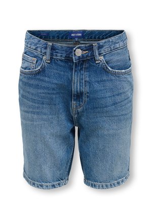 Blå denimshorts med knapp foran, glidelås, beltehemper og femlommers design, merket "Only & Sons" på innsiden av linningen.