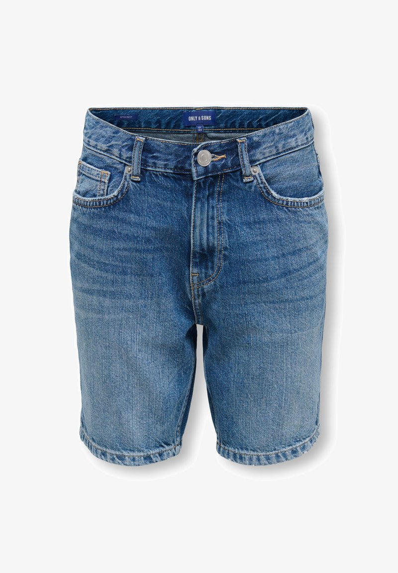 Μπλε σορτς από τζιν με κουμπί μπροστά, φερμουάρ, θηλιές για ζώνη και σχέδιο με πέντε τσέπες, με ετικέτα "Only & Sons" στη μέσα ζώνη μέσης.
