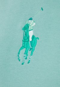 Polo en tissu vert clair avec un design brodé d'un joueur de polo à cheval dans des teintes de bleu canard et de blanc.