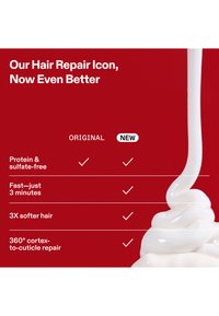 Vergleich von Haarreparaturprodukten mit Original- und neuer Formel, hervorgehoben werden protein- und sulfatfrei, schnellere Wirkung, weicheres Haar und 360° Reparaturvorteile.