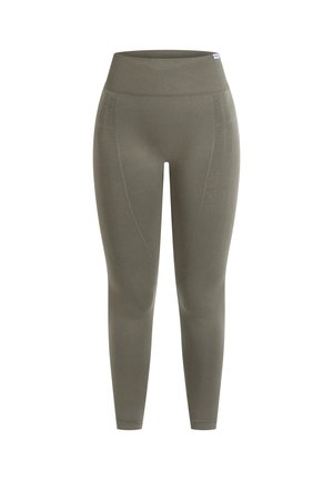Leggings de color verde oliva, hechos de una tela elástica, con una cintura alta y paneles laterales texturizados. Corte ajustado con un acabado suave.