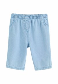 Lyseblå denimshorts med elastisk talje og forlommer, designet til afslappet brug.