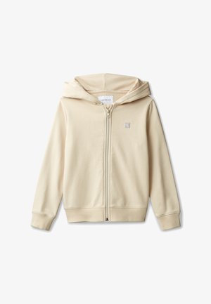 Beige Reißverschluss-Hoodie mit langen Ärmeln, gerippten Bündchen und Saum, Kapuze und kleinem Calvin Klein Logo auf der linken Brust.
