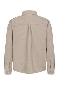 Beige Corduroy-Hemd mit langen Ärmeln, geknöpften Manschetten und einer Rückennaht, von hinten auf einem weißen Hintergrund gezeigt.