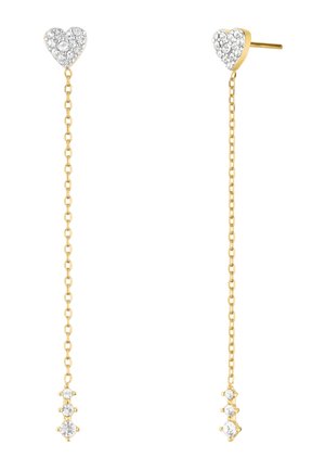 Gold chain earrings with heart-shaped tops encrusted with clear crystals and three small crystals dangling from the chain ends.